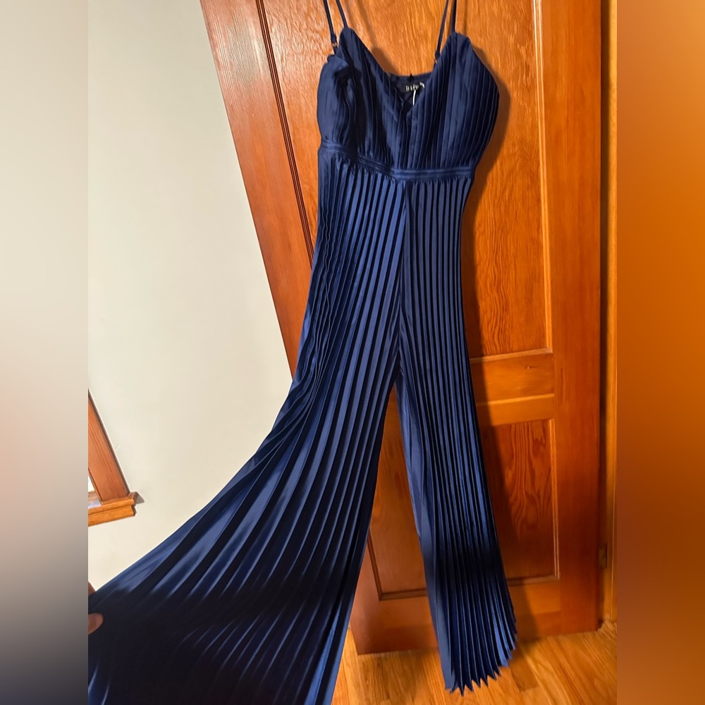Women's Blue Pleated Satin Strappy Wide Leg Jumpsuit